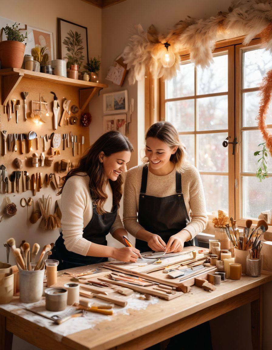 A cozy workshop scene with a couple surrounded by various DIY tools and materials, crafting heartfelt handmade gifts for each other. Soft light filters through the window, illuminating their joyful expressions as they bond over their creative project. The background showcases a wall adorned with love-themed decorations, enhancing the theme of affectionate connections. warm colors. cozy atmosphere. painting.