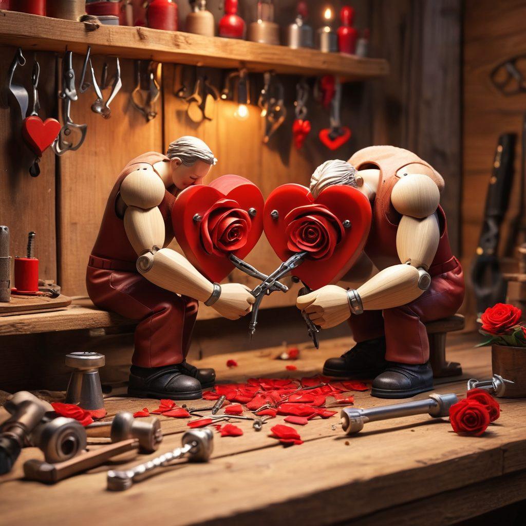 A whimsical scene of two people bonding over fastening tools, with heart-shaped screws and wrenches scattered around them. The background features a cozy workshop filled with soft romantic lighting, where they laugh and work together to build a wooden heart-shaped bench. Elements of romance, such as red roses and warm tones, subtly blend with the tools to symbolize the fusion of love and craftsmanship. super-realistic. vibrant colors. cozy atmosphere.