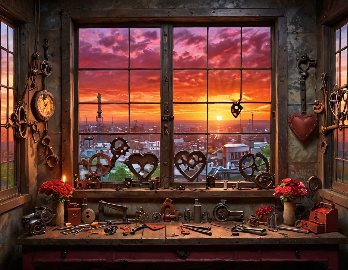 A whimsical scene blending industrial tools like wrenches and gears with romantic elements like hearts and roses, showing a love story unfolding in a workshop filled with vibrant colors. The backdrop features a glowing sunset through a window, symbolizing warmth and connection, while the tools are playfully arranged to form a heart shape. The overall mood should be playful and magical, merging industry with romance. vibrant colors. super-realistic.
